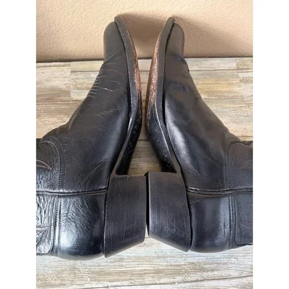Lucchese Classics Star Inlay Cowboy Boots Black Leather USA Vintage 10.5 w/FLAW